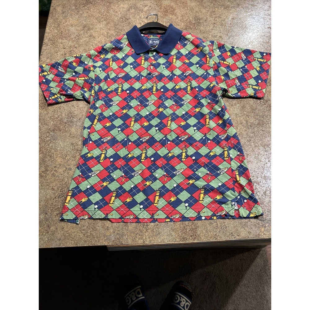 Vintage Jos J Oliver Men's Golf Blue Green Red Argyle Golf Print Polo Size L